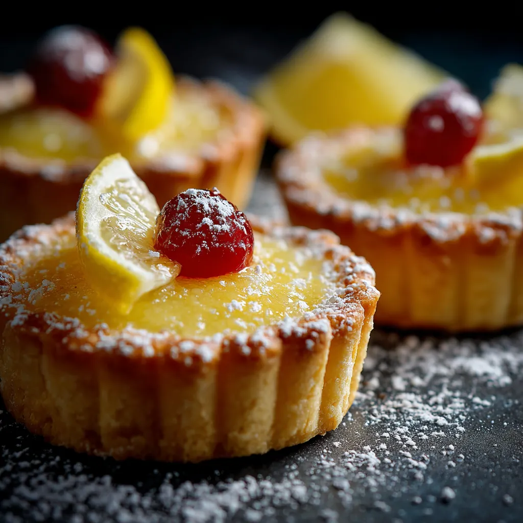 Ein kleiner Kuchen mit einer Zitrone und einem Kirschen auf dem Deckel.