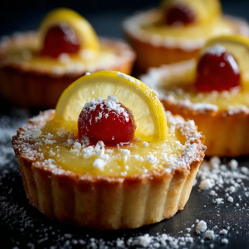 Ein kleiner Kuchen mit Zitronen und Cherry-Fruchtgarnitur.