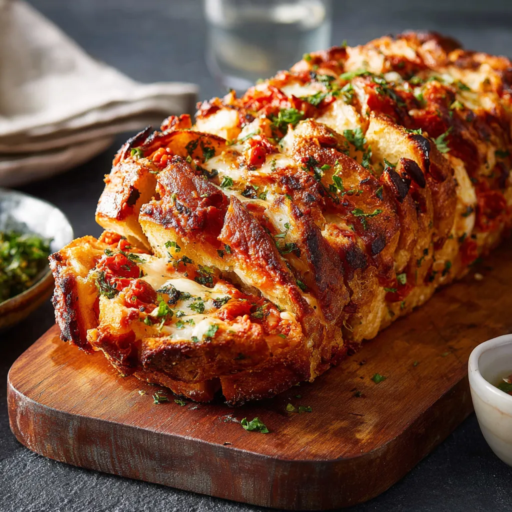 Ein großes, knuspriges Brot mit Zwiebeln und Tomaten auf einem Holzblock.