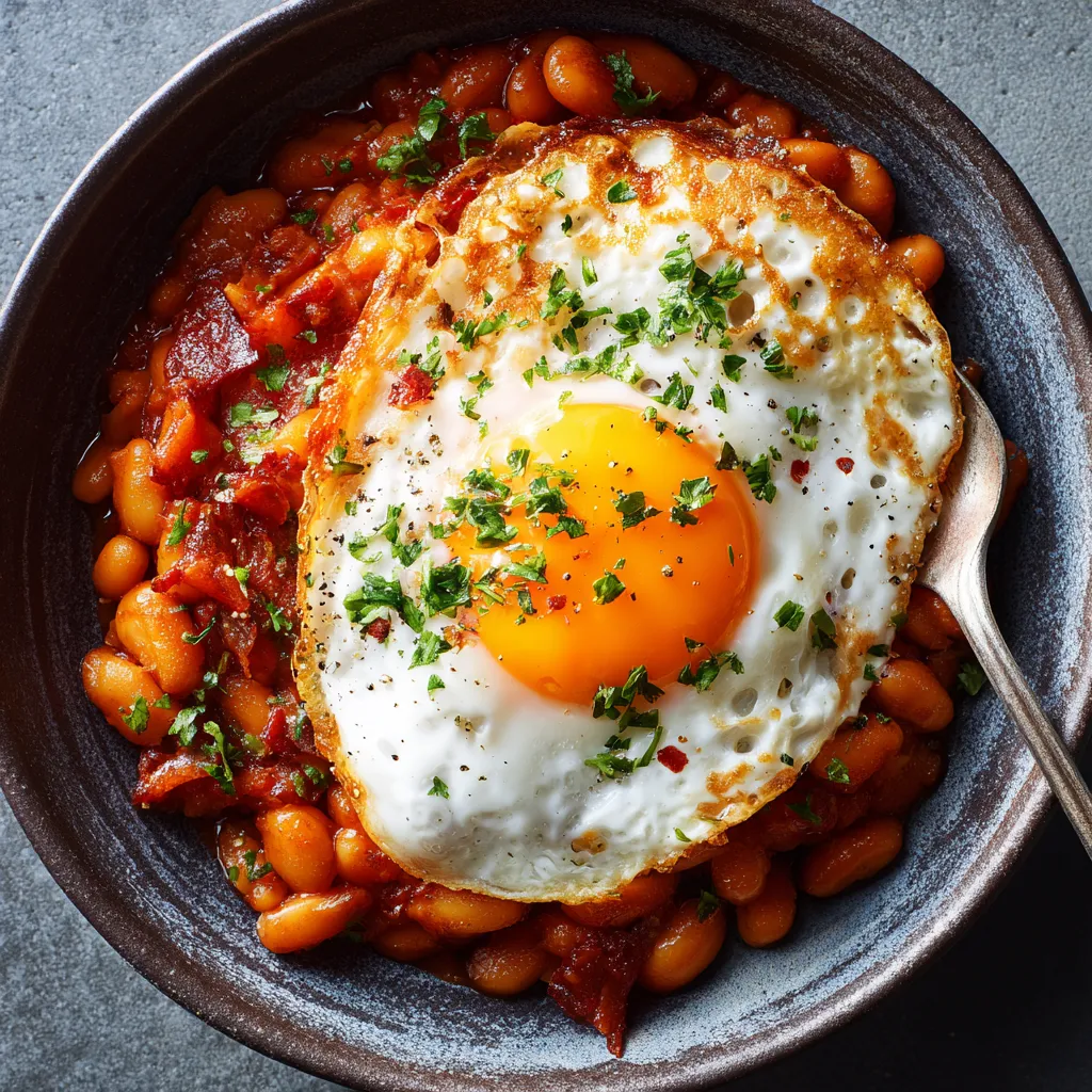 Ein Ei mit grünen Zwiebeln und gerösteten Beans in einem Schälchen.
