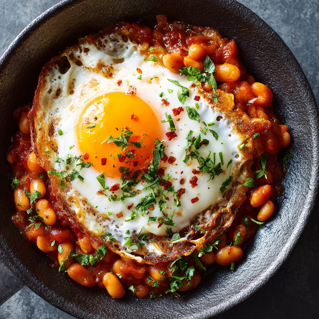 Ein Ei mit gerösteten Paprika und Zwiebeln in einem schwarzen Topf.