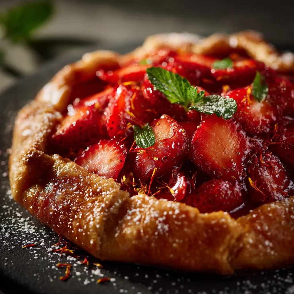Eine Tasse mit einer Strawberry-Konfitüre, die mit Strawberries, Zitronenblättern und Gewürzen garniert ist.