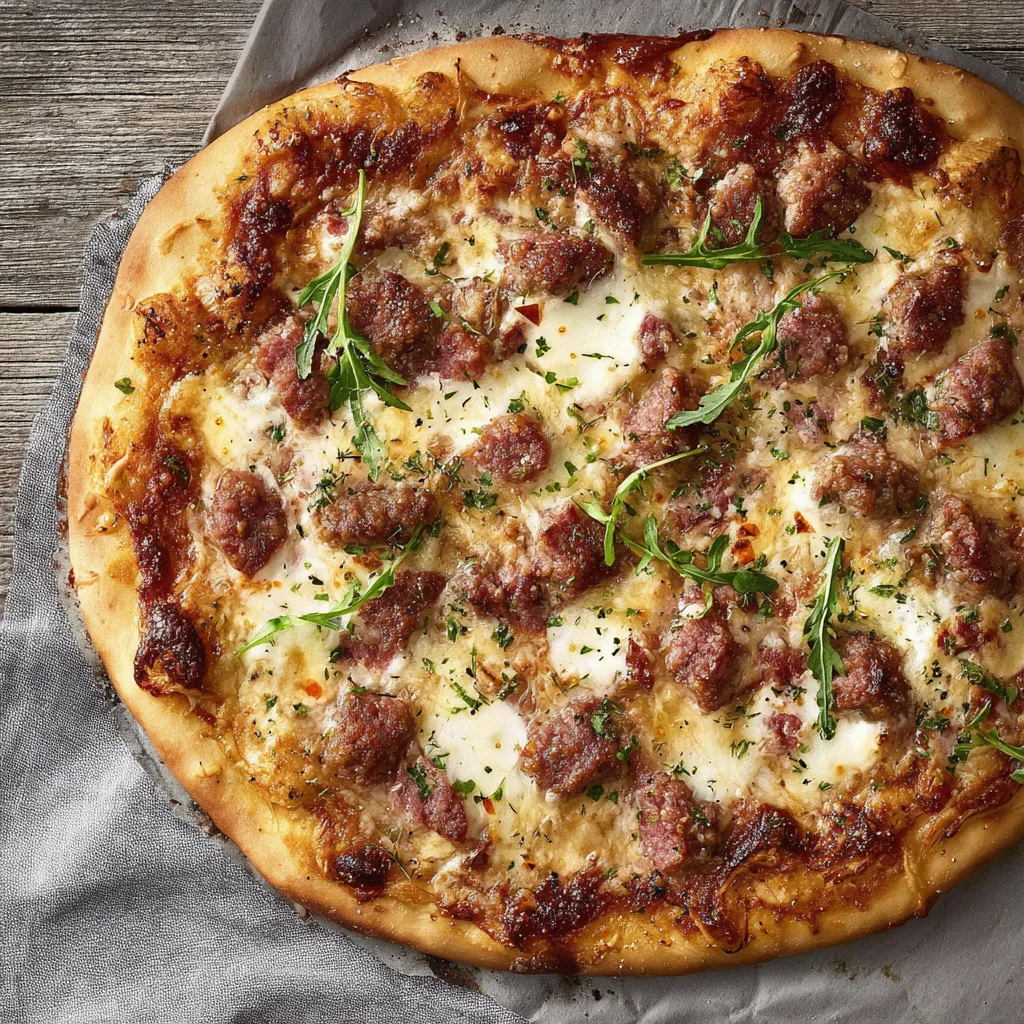 Eine pizza mit saurem Käse, Sausage und Spinat auf einem Teller.