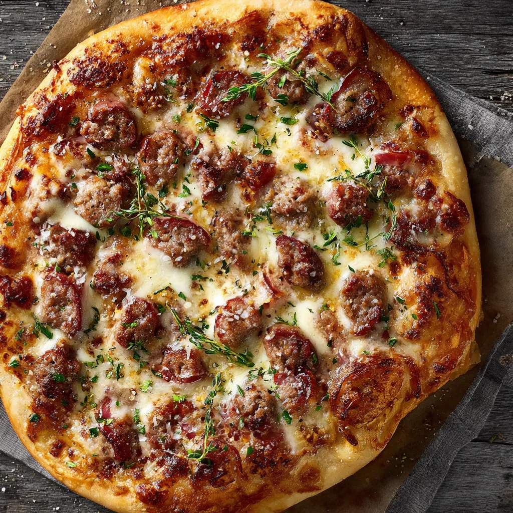 Eine pizza mit saurem Käse, Tomaten und Zwiebeln auf einem Tisch.