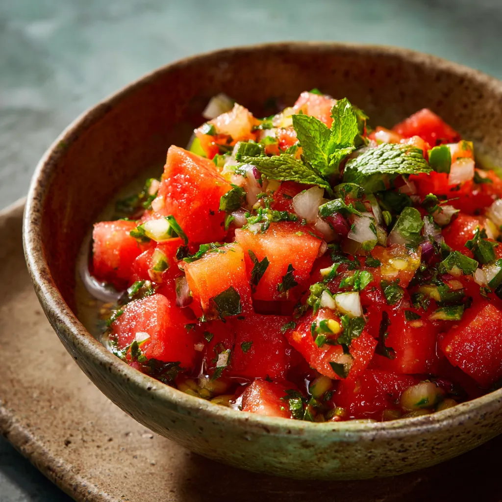 Ein großer, dicker, kräftiger, frischer, saftiger, roter, grüner und gelber Tomaten-Salat in einem großen, dicken, kräftigen, frischen, saftigen, roten, grünen und gelben Becher.