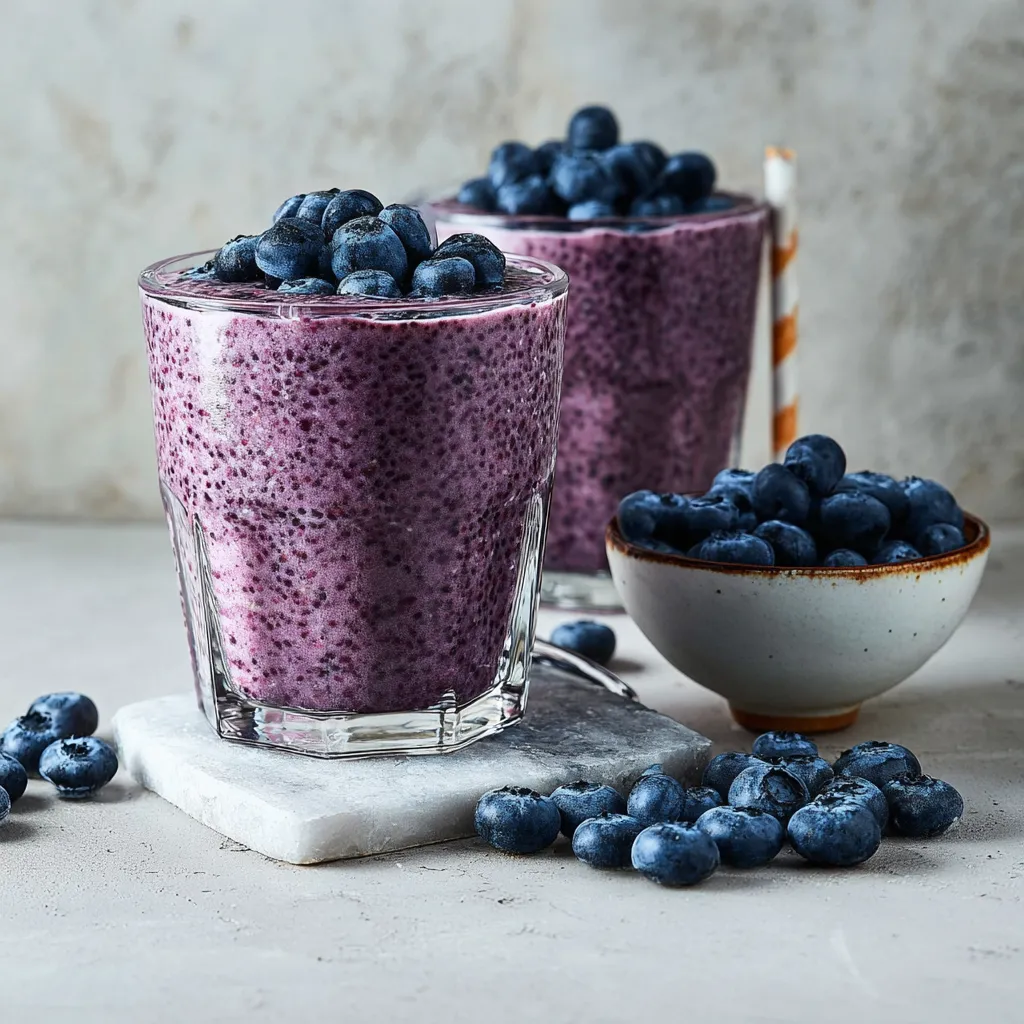 Zwei Gläser mit Blaubeeren-Smoothie auf einem Tisch.