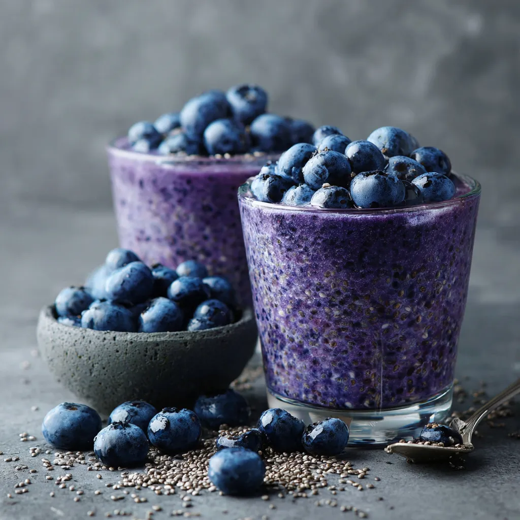 Zwei Gläser mit Blaubeeren und Purpur-Blüten-Smoothie auf einem Tisch.