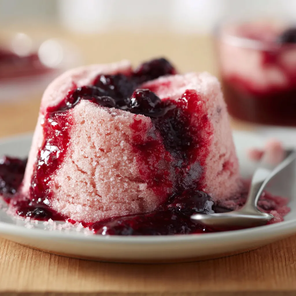 Eine Tasse mit einem Dessert, das aus einer Masse von Zuckar, Sahne und Beeren besteht.