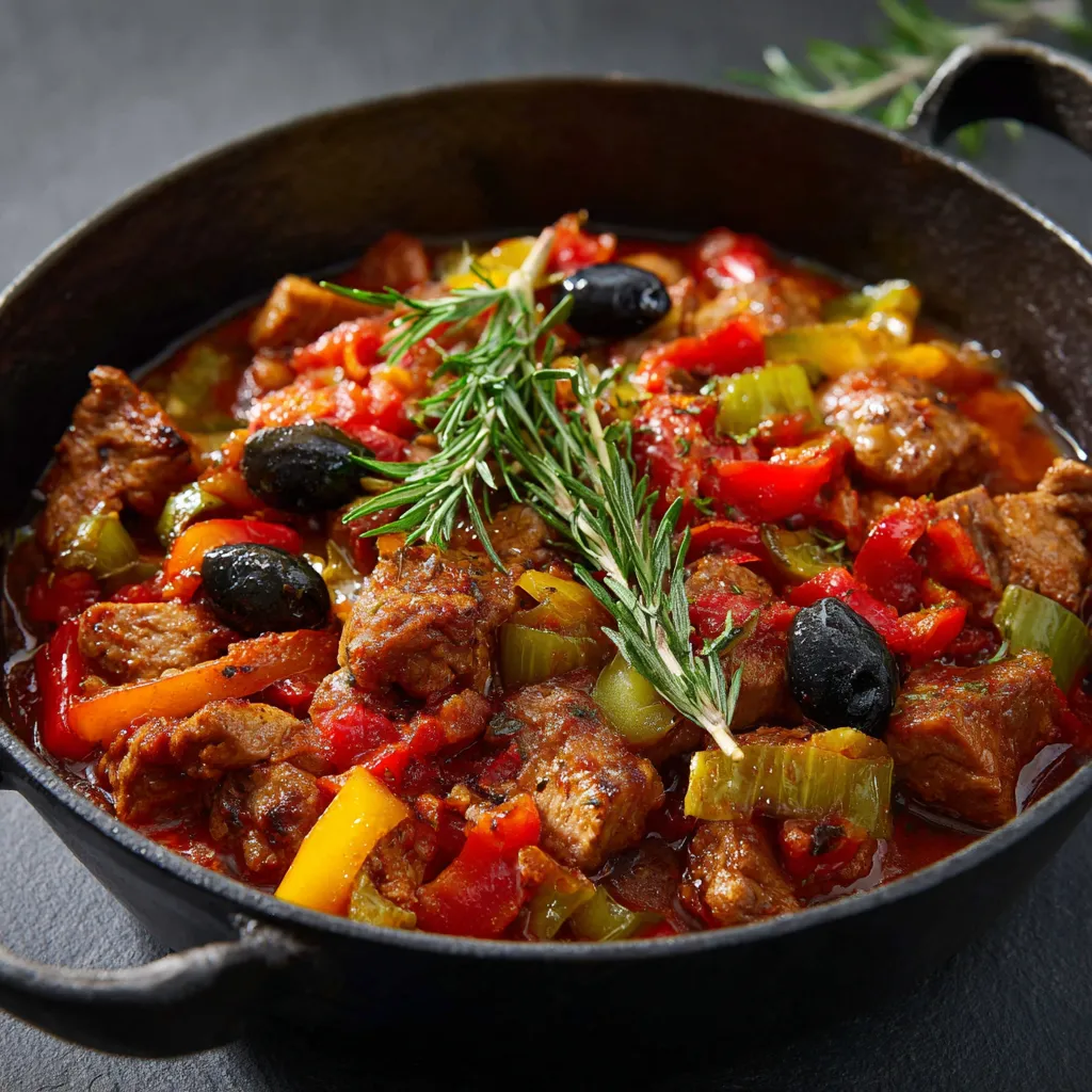 Ein schwarzes Kessel mit einer Mischung aus Fleisch, Zwiebeln, Paprika, Tomaten und Oliven.