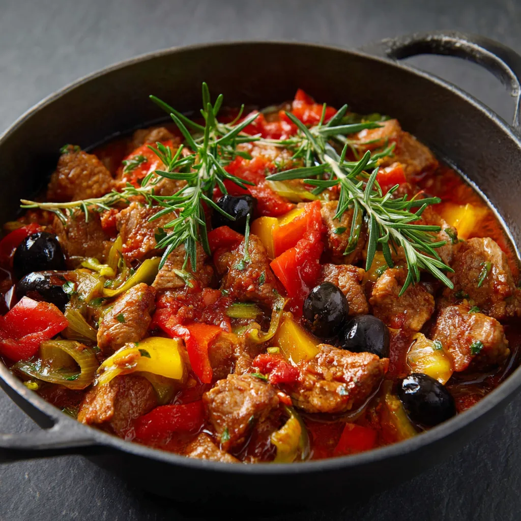 Ein schwarzes Kessel mit einer Mischung aus Fleisch, Zwiebeln, Tomaten, Paprika, Oliven und Basilikum.