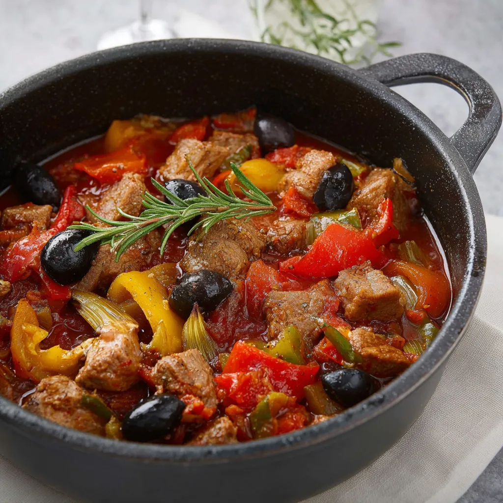 Ein schwarzes Kessel mit einer Mischung aus Fleisch, Paprika, Zwiebeln und Oliven.