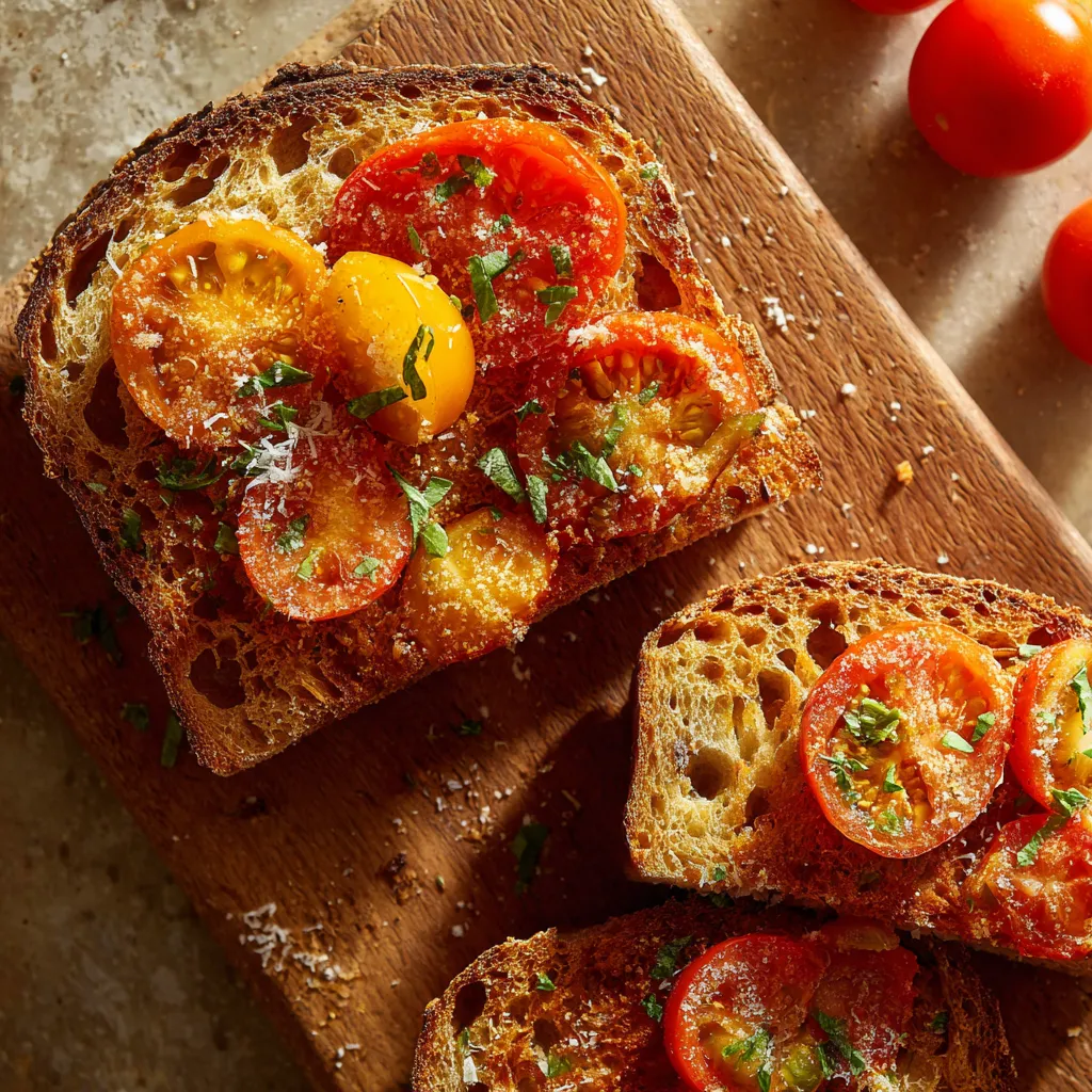 Eine Scheibe Toast mit Tomaten und Basilikum darauf.