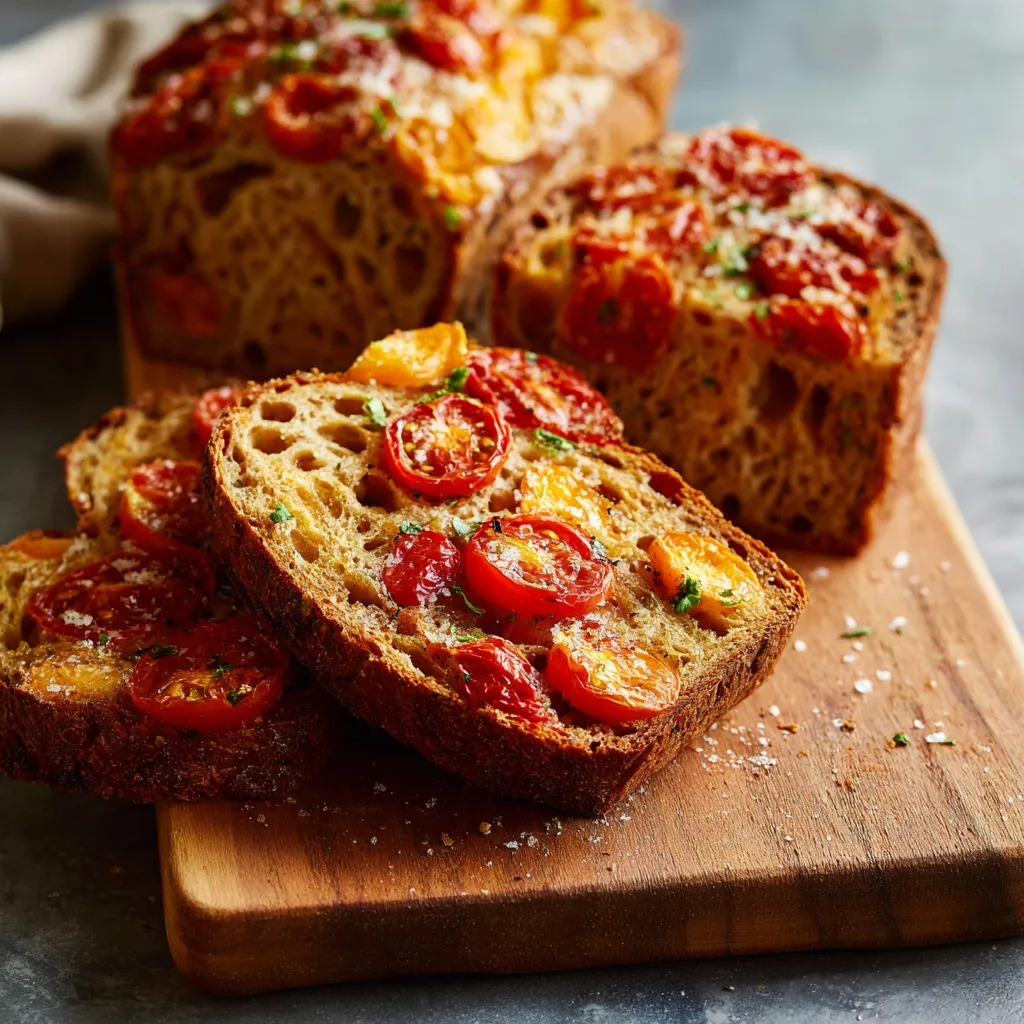 Ein Baguette mit Tomaten und Basilikum auf einem Holzbrett.
