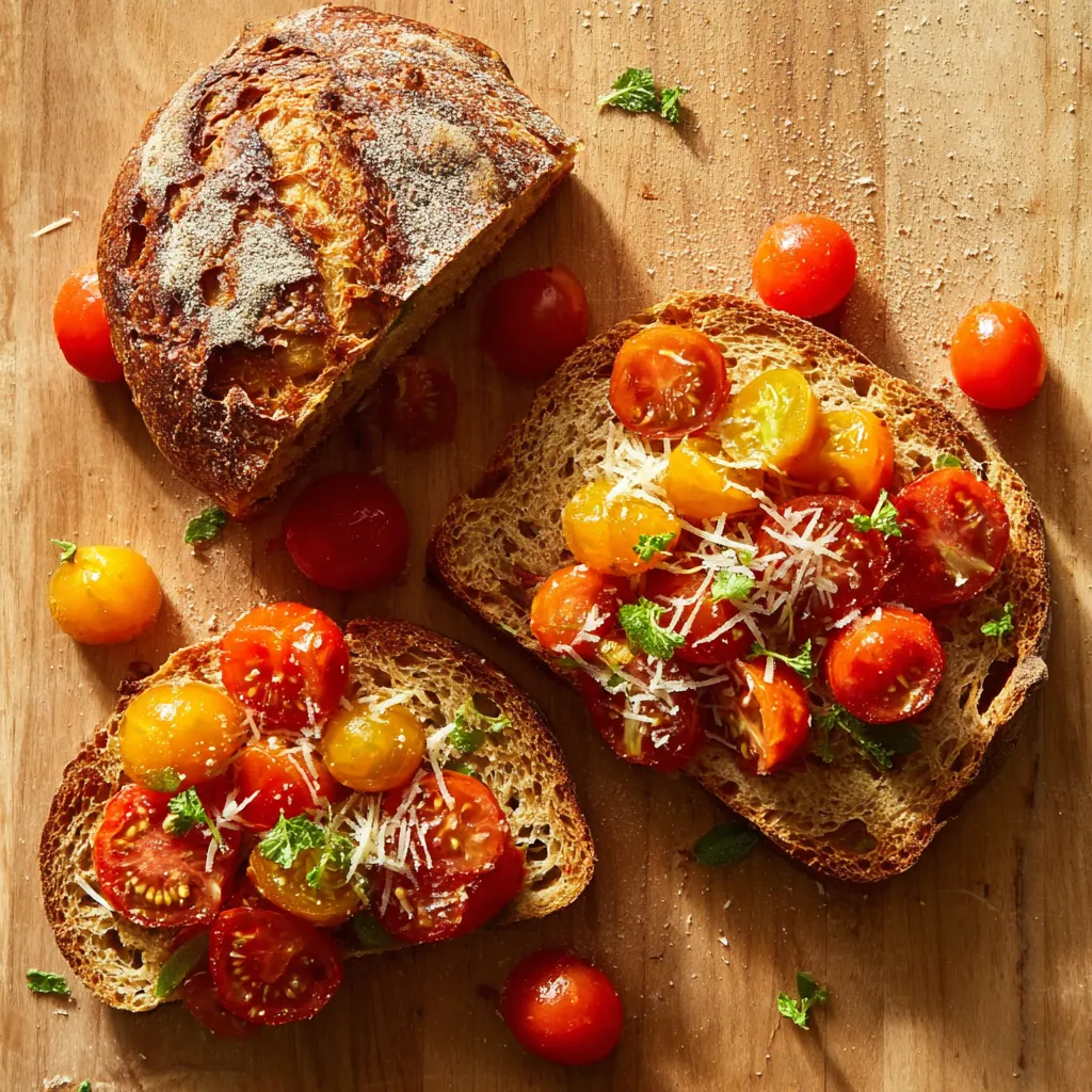 Eine Tomaten-Toast auf einem Holzbrett.