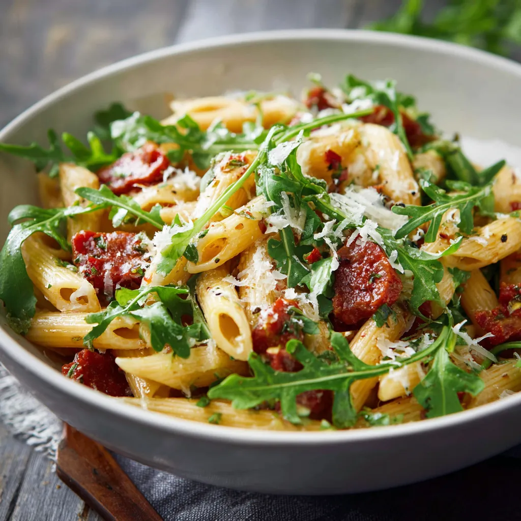 Ein weißer Teller mit Pasta, Tomaten, Spinat und Parmesan.