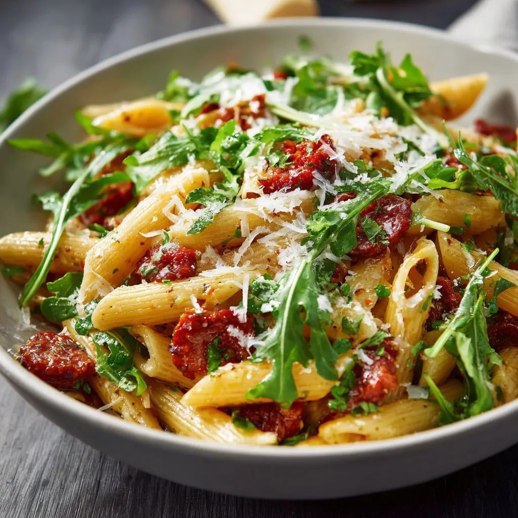 Ein Schüssel mit Pasta, Tomaten, Spinat, Salami und Parmesan.