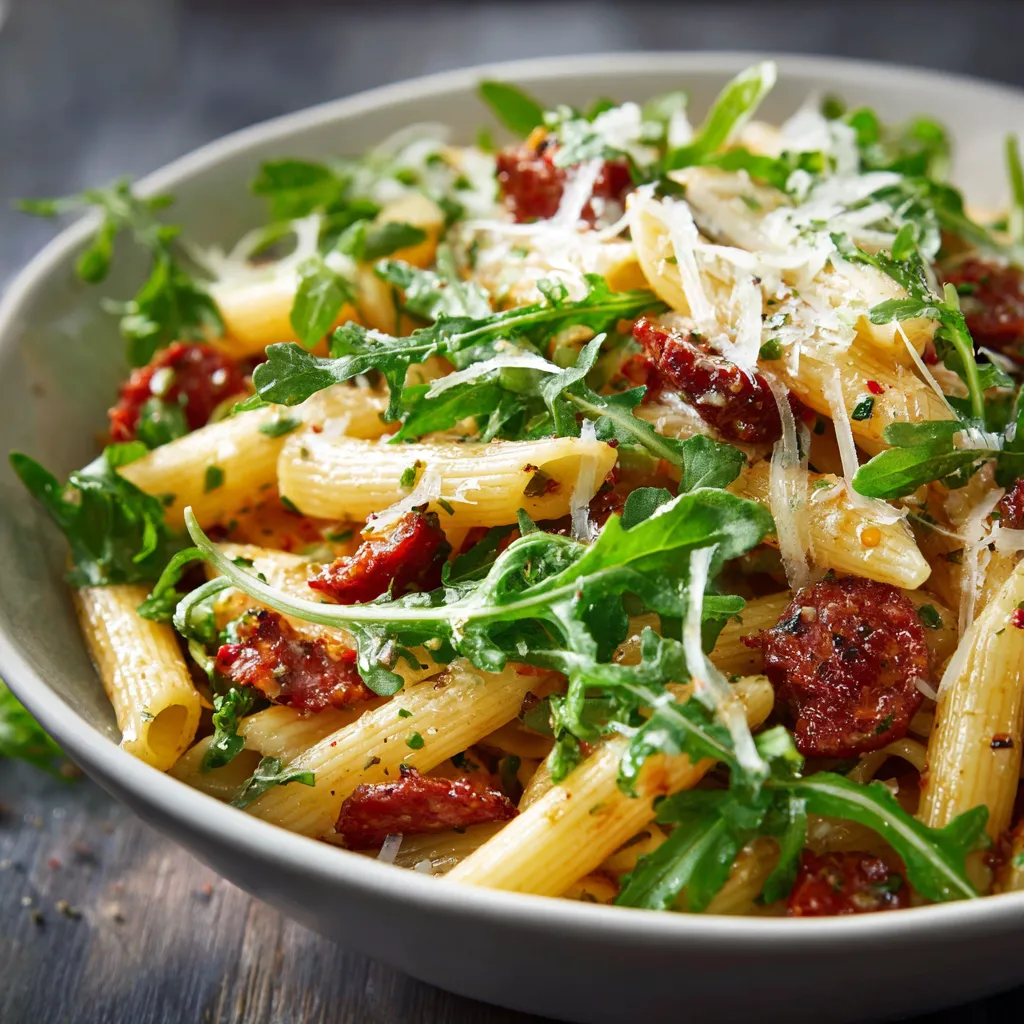 Ein weißer Teller mit Pasta, Spinat und Tomaten.