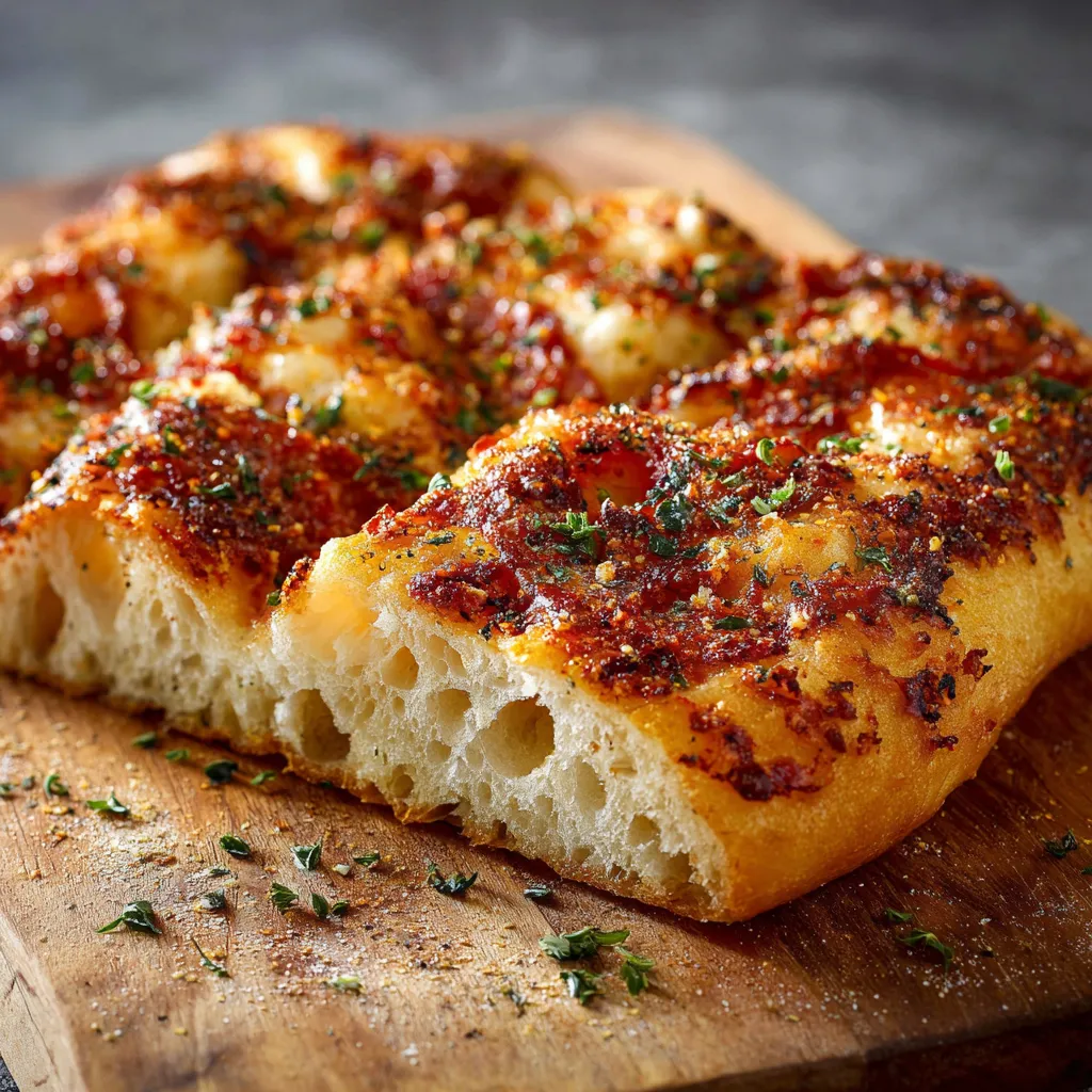 Eine halbe Pizza mit Tomaten und Basilikum auf einem Brett.