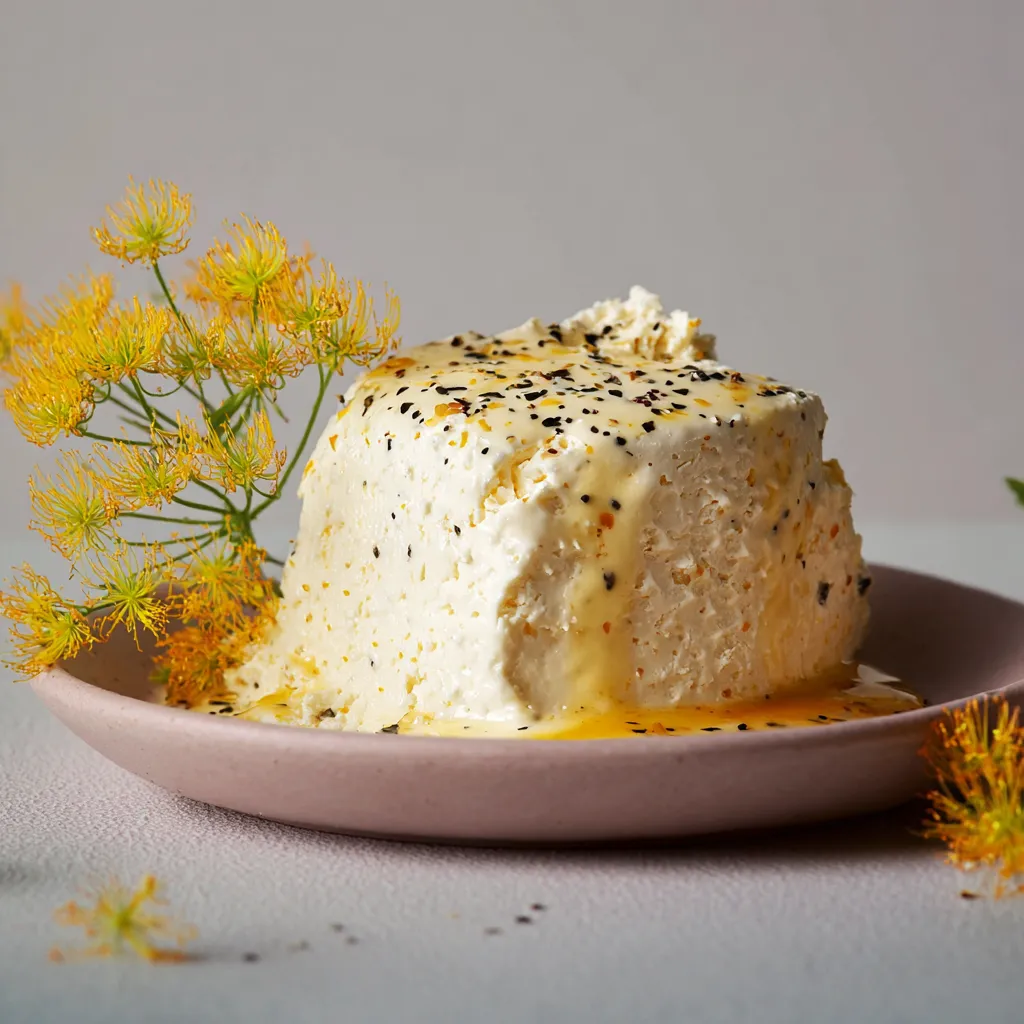 Ein weißer Käsekuchen mit gerösteten Nüssen auf einem roten Teller.