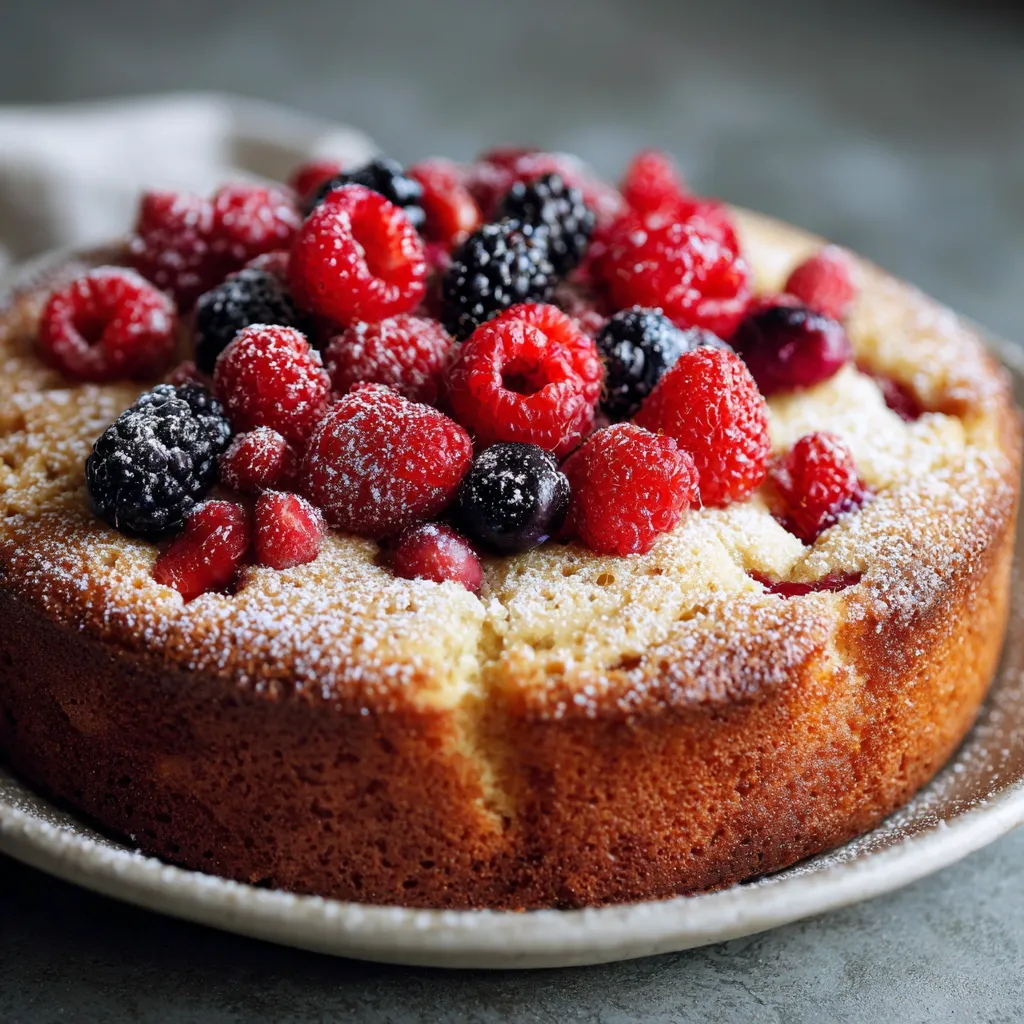 Eine Tafel mit einer Cake-Torte, die mit Raspberry-Beeren und Blaubeeren geschmückt ist.