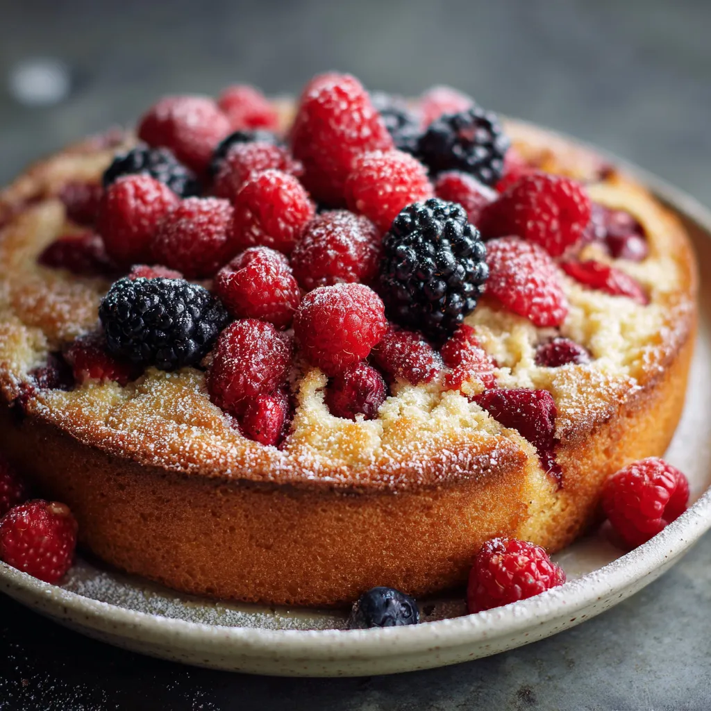 Eine Tafel mit einer Raspberry-Kuche, die mit Raspberrys und Blaubeeren geschmückt ist.