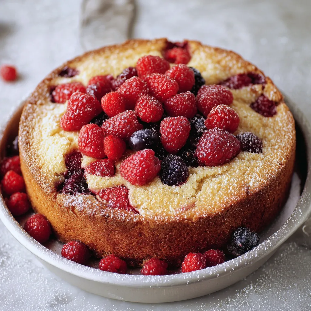 Ein weißer Teller mit einem Kuchen, der mit Raspberry und Blueberry geschmückt ist.