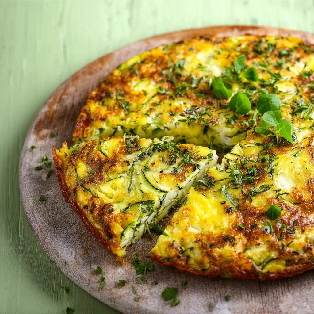Eine Scheibe Zucchini-Käse-Omelett, die auf einem Teller auf einem Tisch liegt.