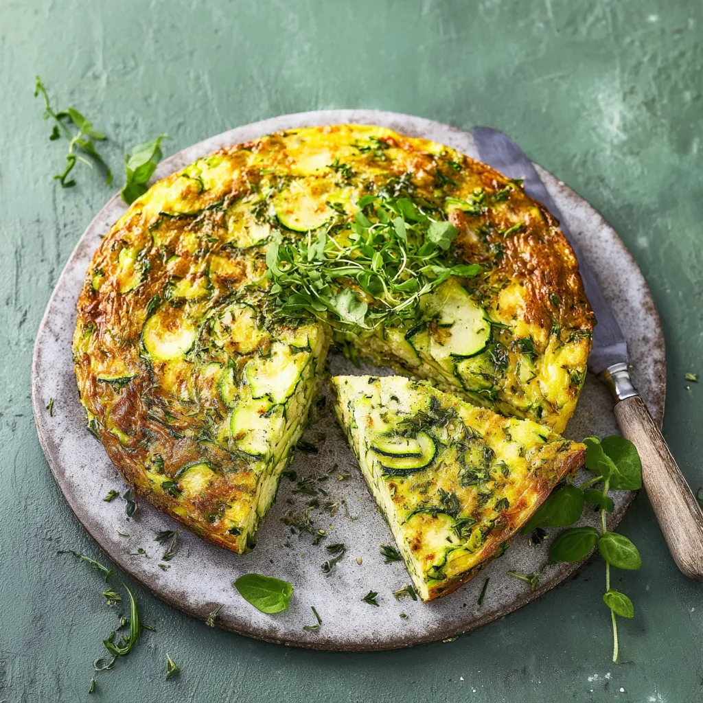 Eine Scheibe Zucchini-Quiche mit grünen Zucchini-Blättern darauf.