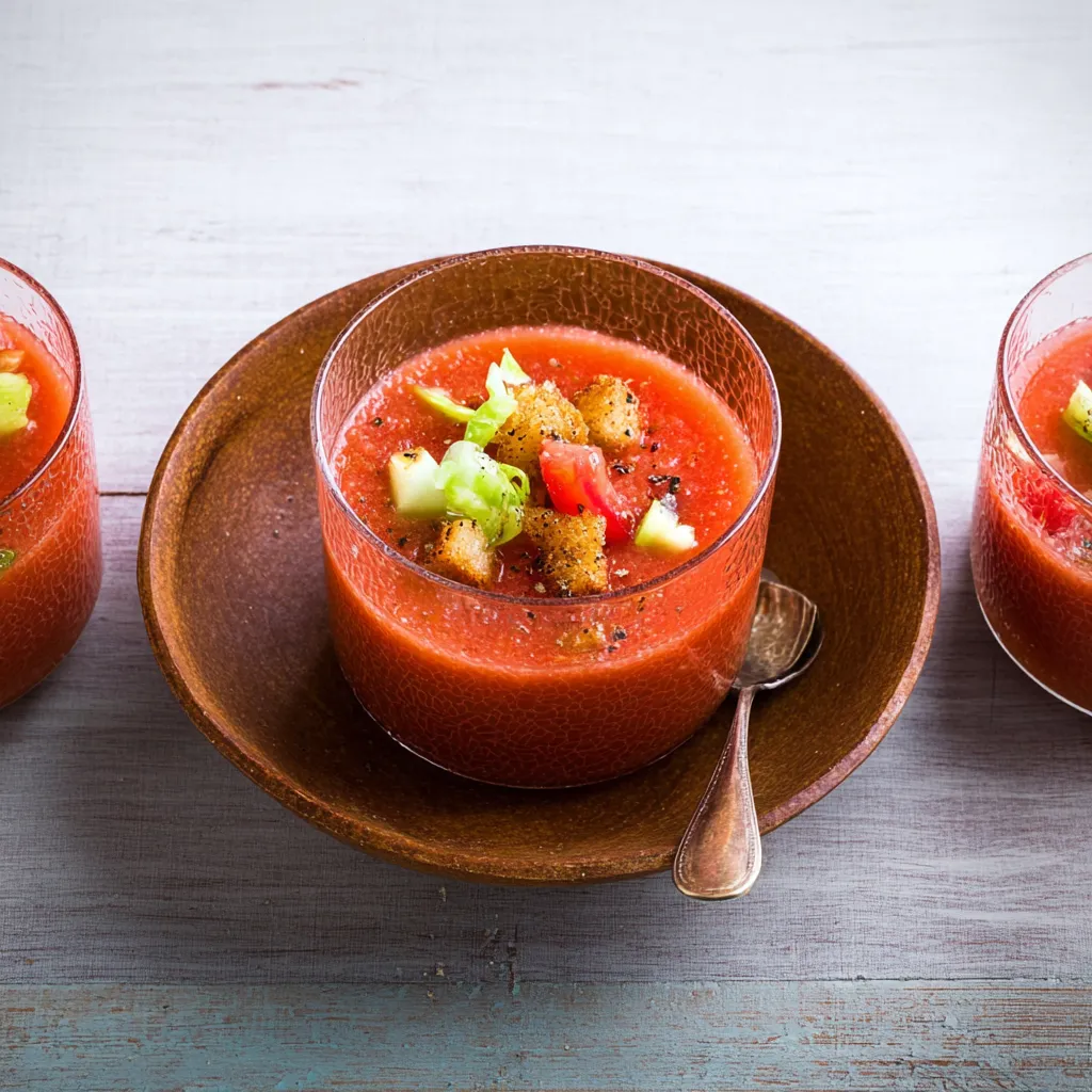 Ein Glas mit einer roten Suppe, die mit Zwiebeln und Tomaten garniert ist.