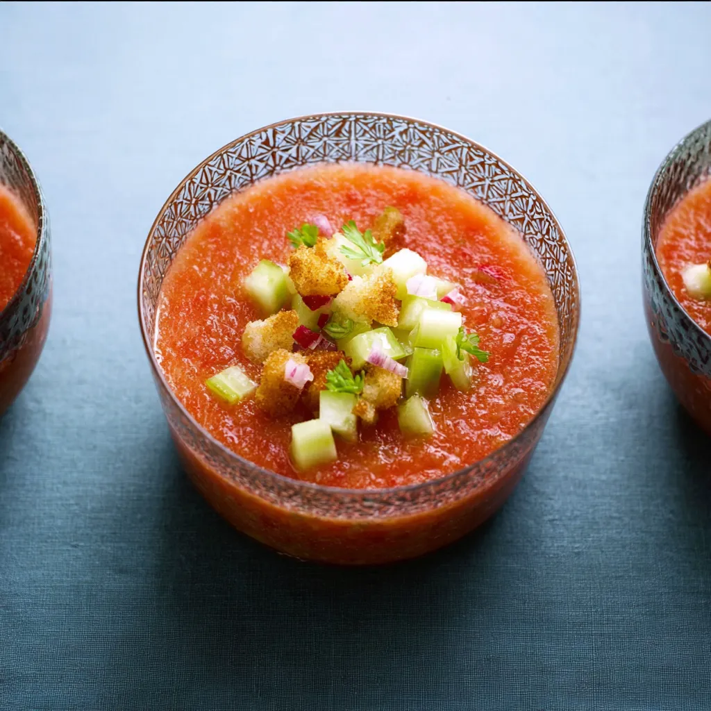 Ein Glas mit einer roten Suppe, die mit Zwiebeln und Knoblauch garniert ist.