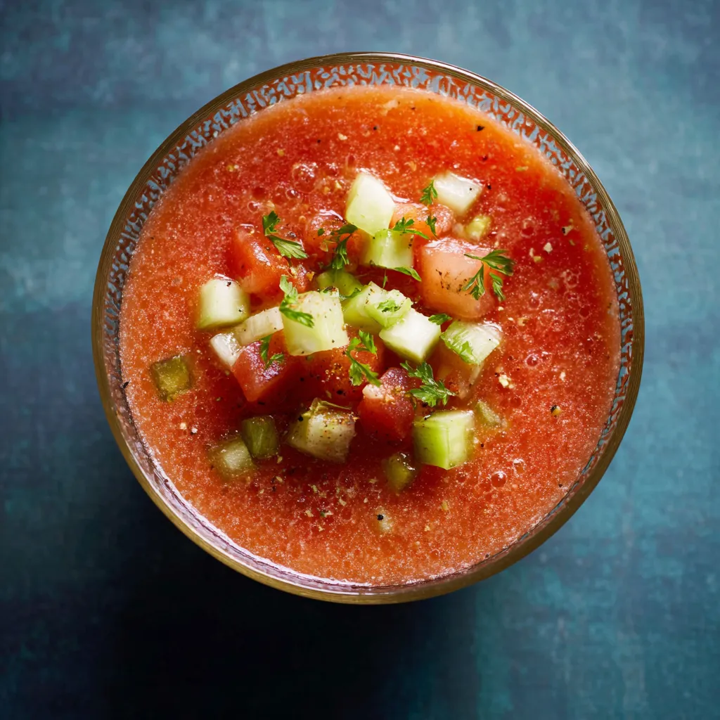 Ein Glas mit einer roten Zutatenlösung, die mit Tomaten, Zwiebeln und anderen Zutaten zubereitet wurde.
