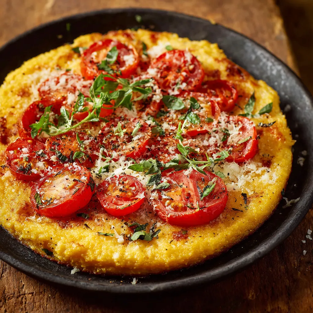 Eine Tomaten-Pizza mit Basilikum und Parmesan-Käse auf einem Teller.