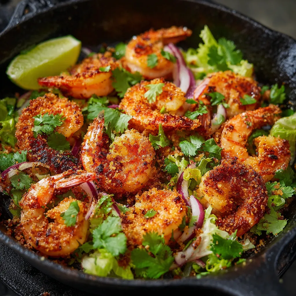 Eine Schüssel mit gegrilltem Fisch, darunter anderem Shrimp, in einem schwarzen Teller.