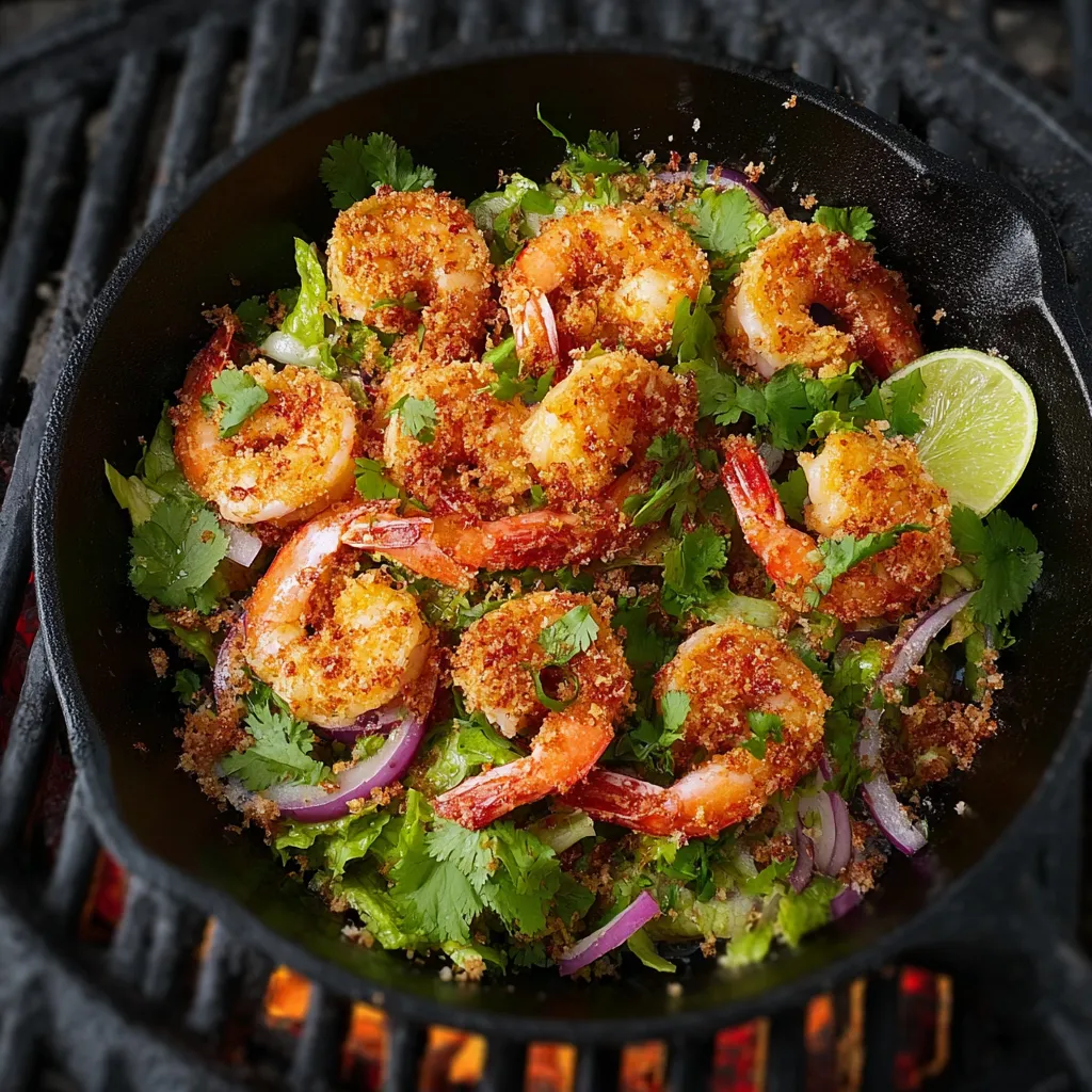 Eine Schüssel mit gegrilltem Shrimp und Zwiebeln auf einem Grill.