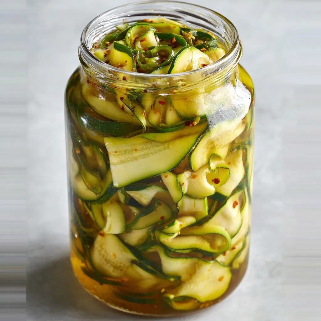 Ein Glas mit Zucchini in einer Tomatensoße.