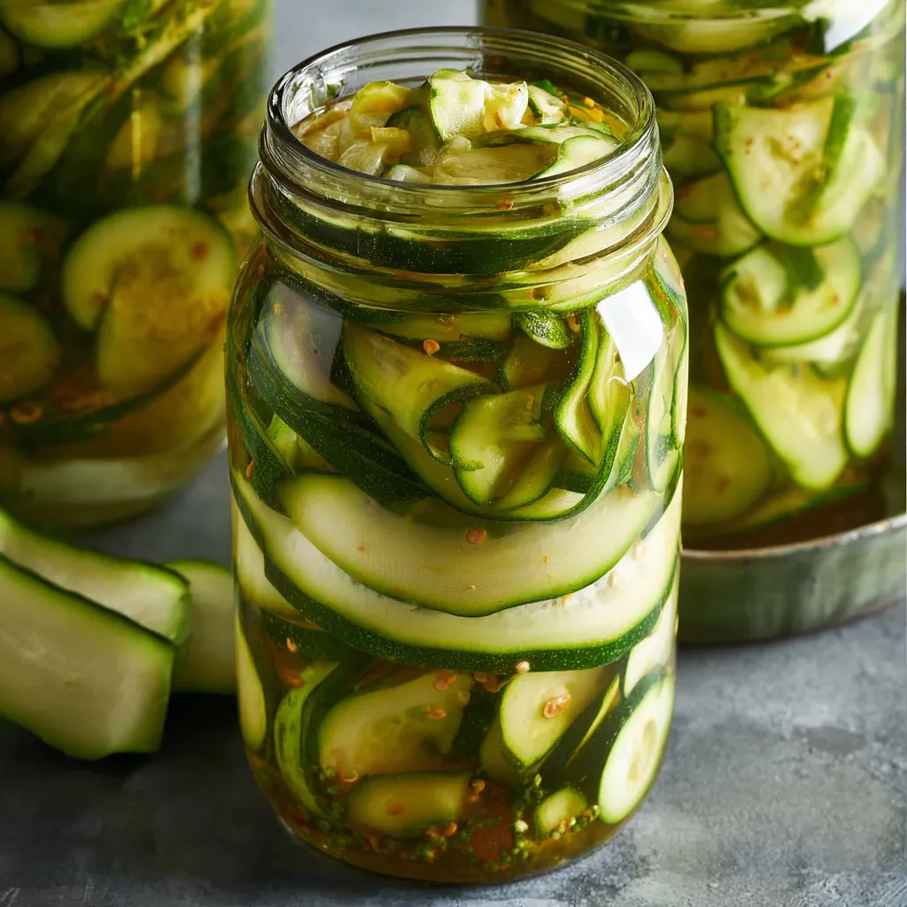Ein Glas mit Zucchini in einer Tomatensoße.