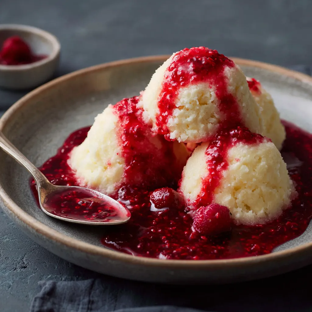 Eine Platte mit drei Kugelchen, die mit Raspberry-Sauce und Zucker bestreut sind.