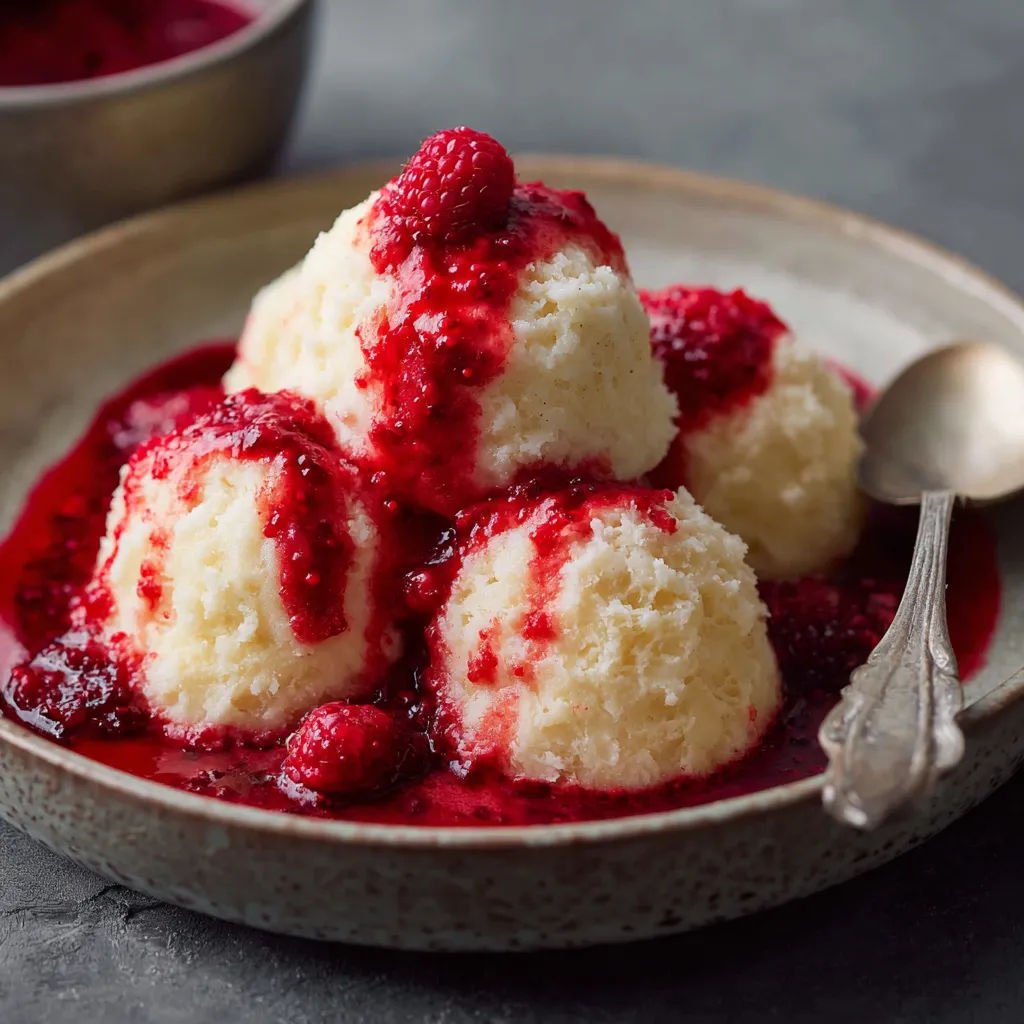 Eine Platte mit cremiger Masse und Raspberry-Sauce.
