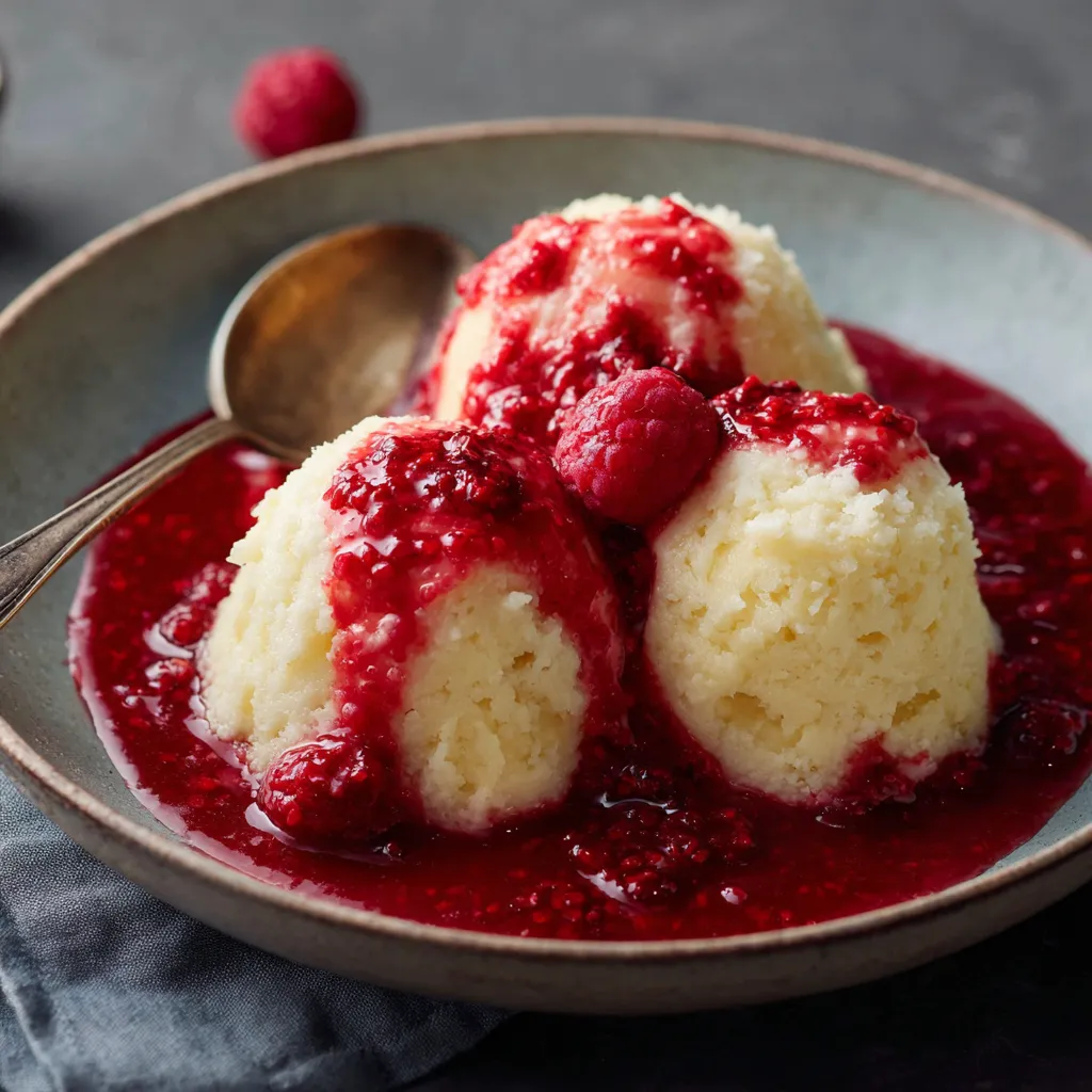 Ein Glas mit einer Raspberry-Rhubarb-Kompote, die mit einem Löffel gereicht wird.