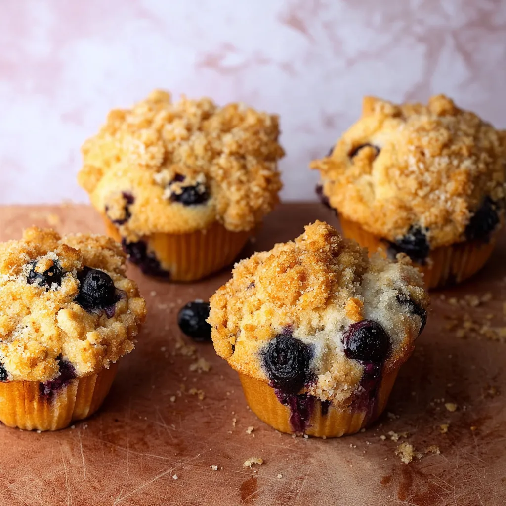 Ein Bild zeigt vier muffins mit Kruste und blauen Beeren.
