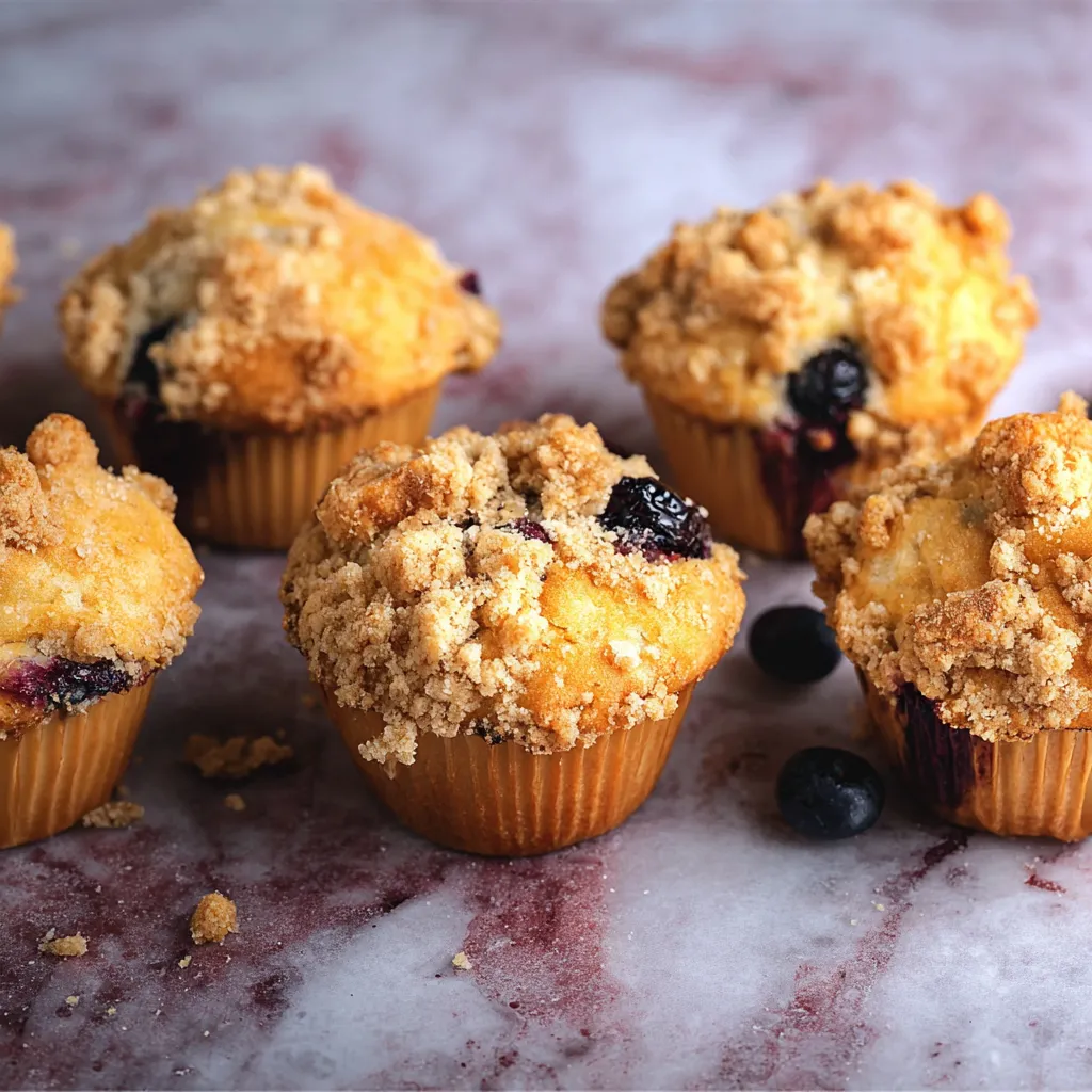 Ein Bild von sechs muffinen mit Zutaten wie Mehl, Butter, Zucker und Früchten wie Blaubeeren und Zitronen.