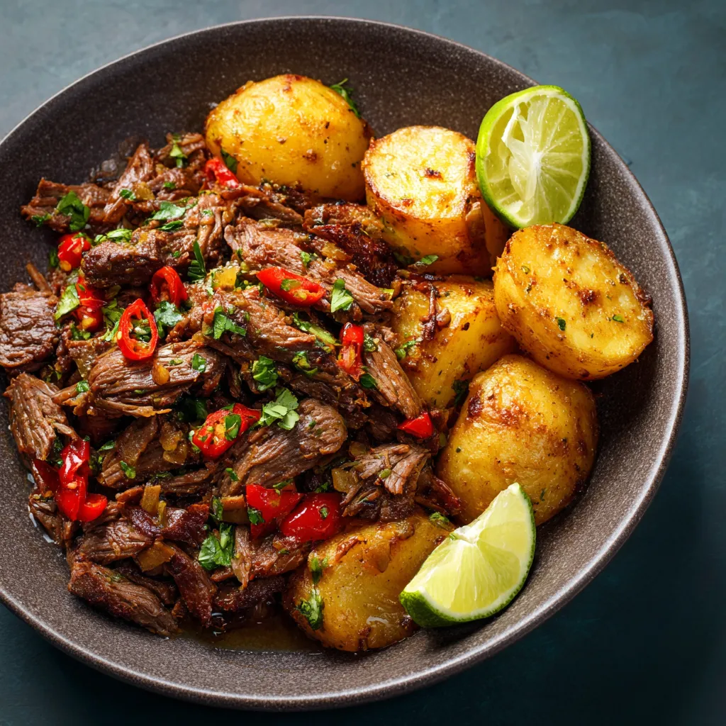 Ein Schüssel mit Fleisch, Kartoffeln und Zwiebeln.