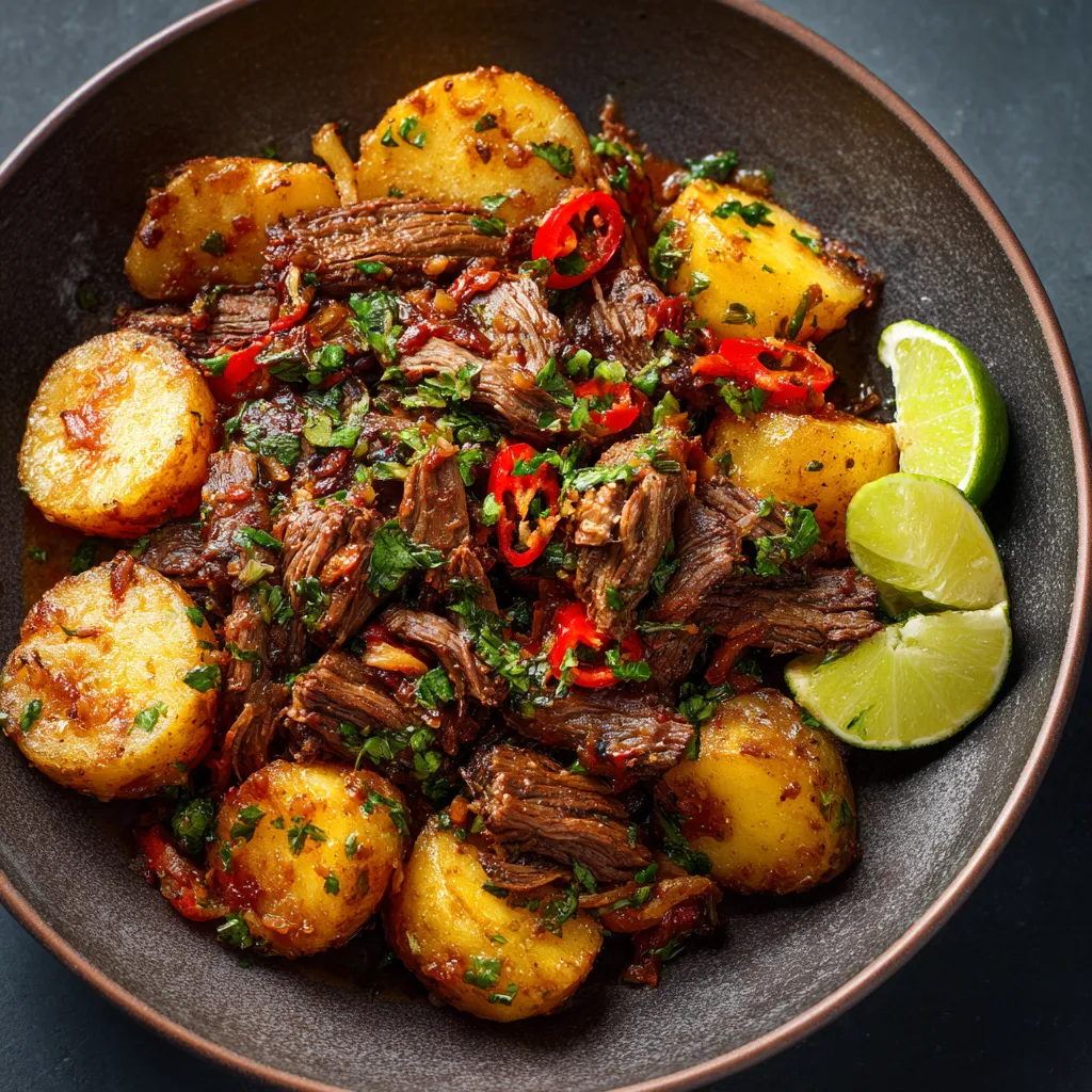Ein Schüssel mit gegrilltem Fleisch, Kartoffeln, Paprika, Zwiebeln und Limetten.