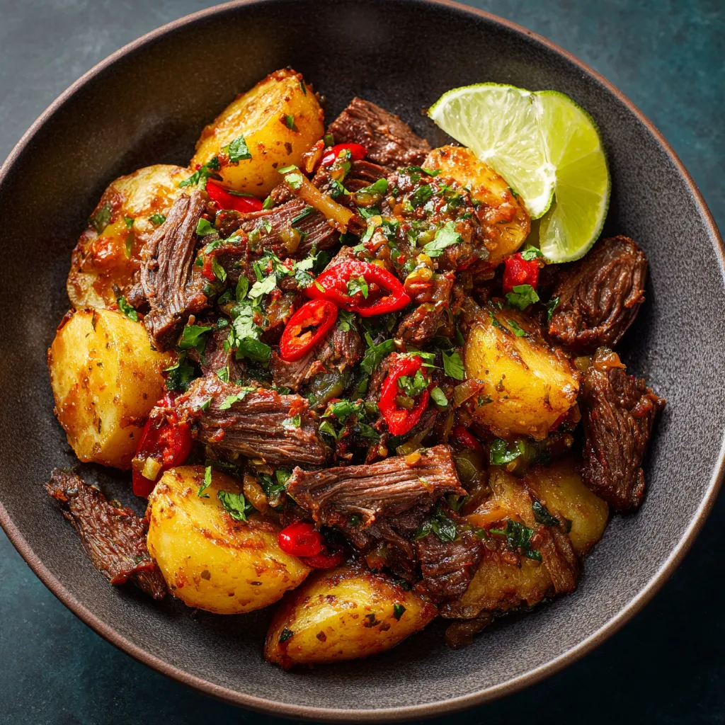 Ein Schüssel mit gegrilltem Fleisch, Kartoffeln, Paprika, Zwiebeln und Limetten.