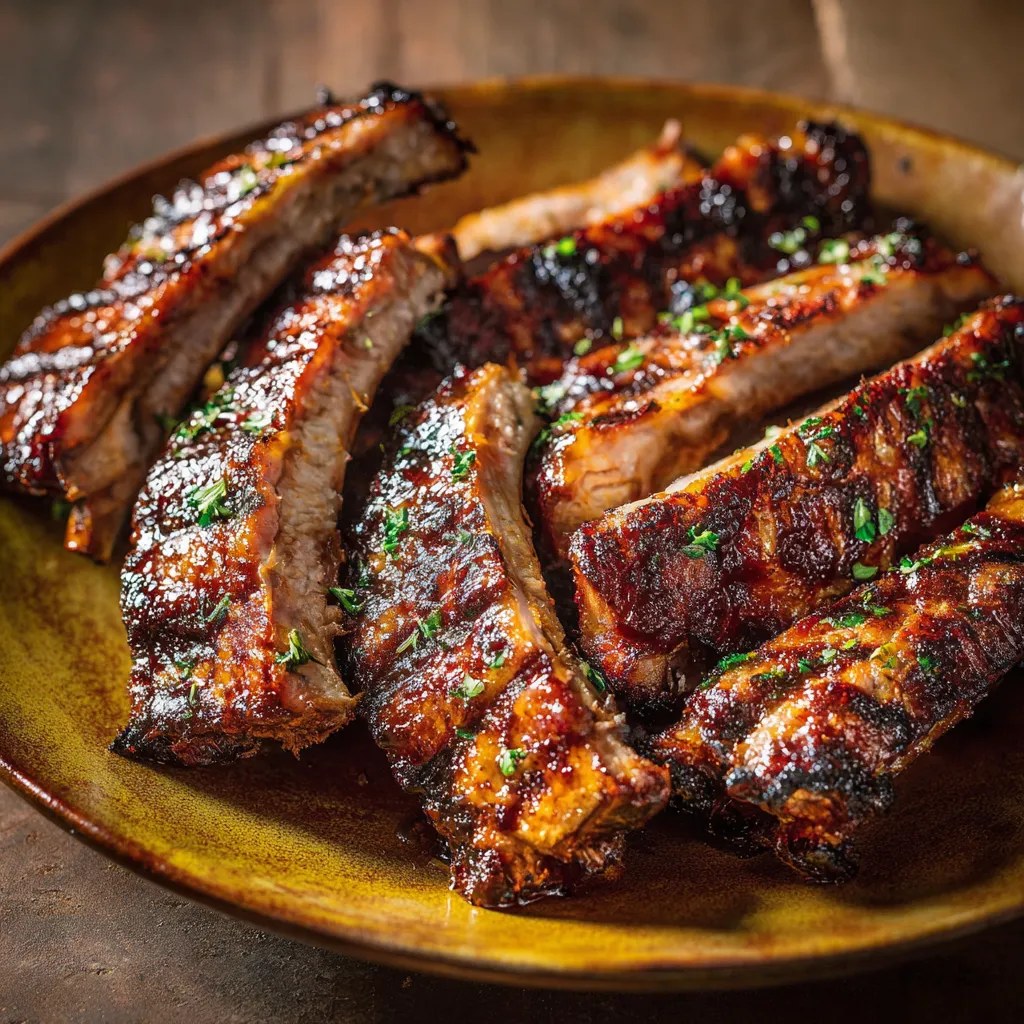 Eine Platte mit BBQ-Ham, die in Stücke geschnitten ist, auf einer Tischplatte.
