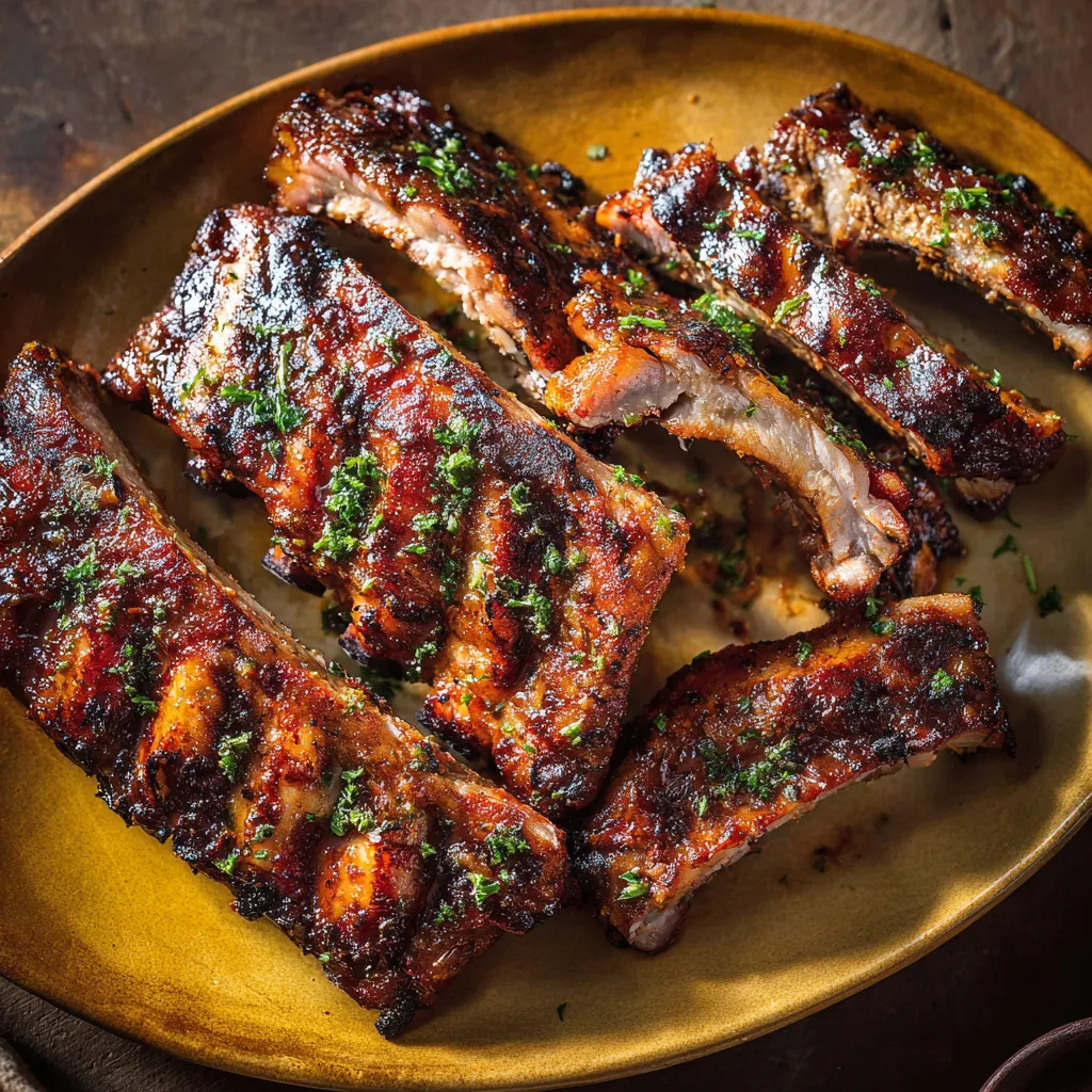 Eine Platte mit grillierten Ribs und Sauce.