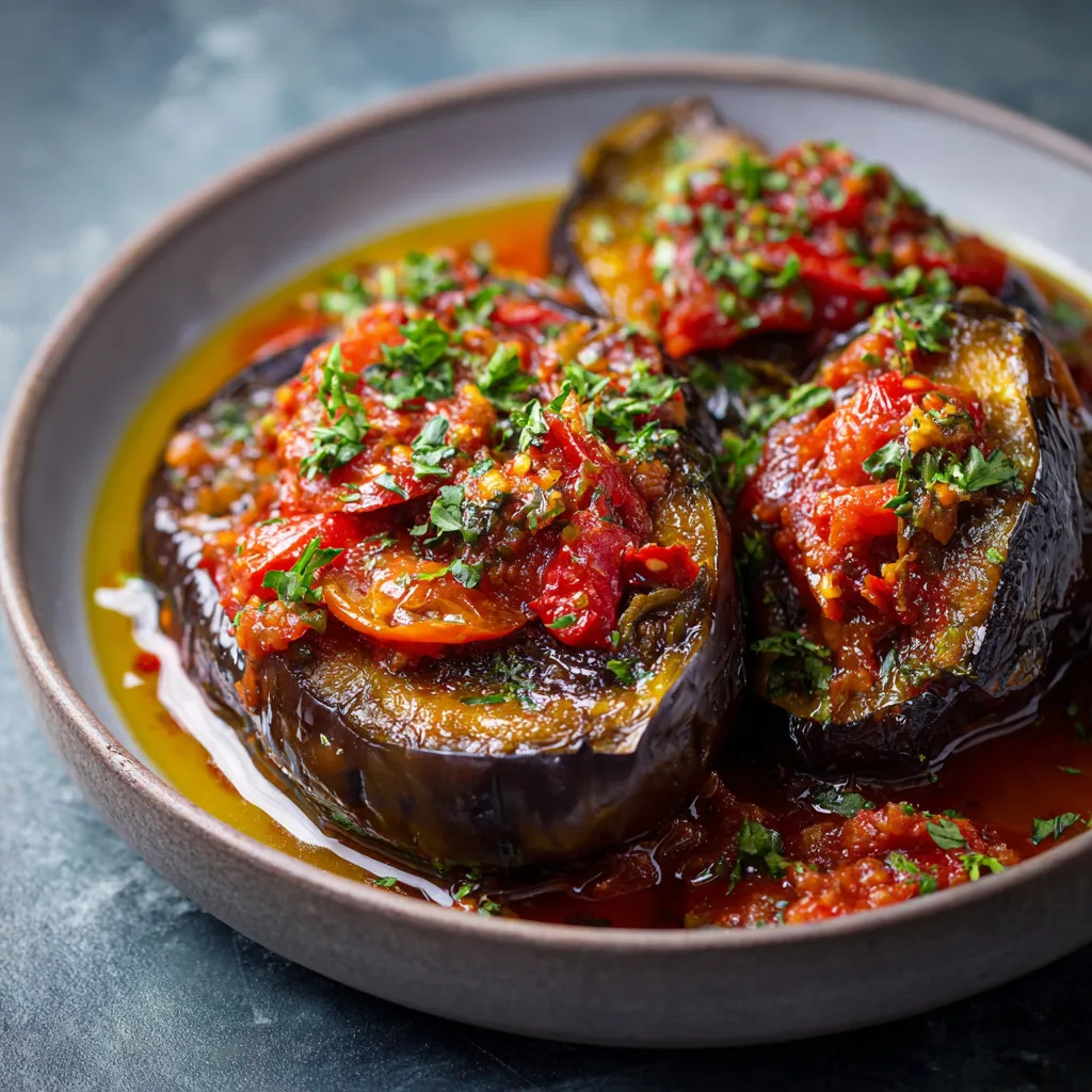 Ein Schüssel mit gegrillten Eicheln, die mit Tomaten, Paprika und Zwiebeln garniert sind.