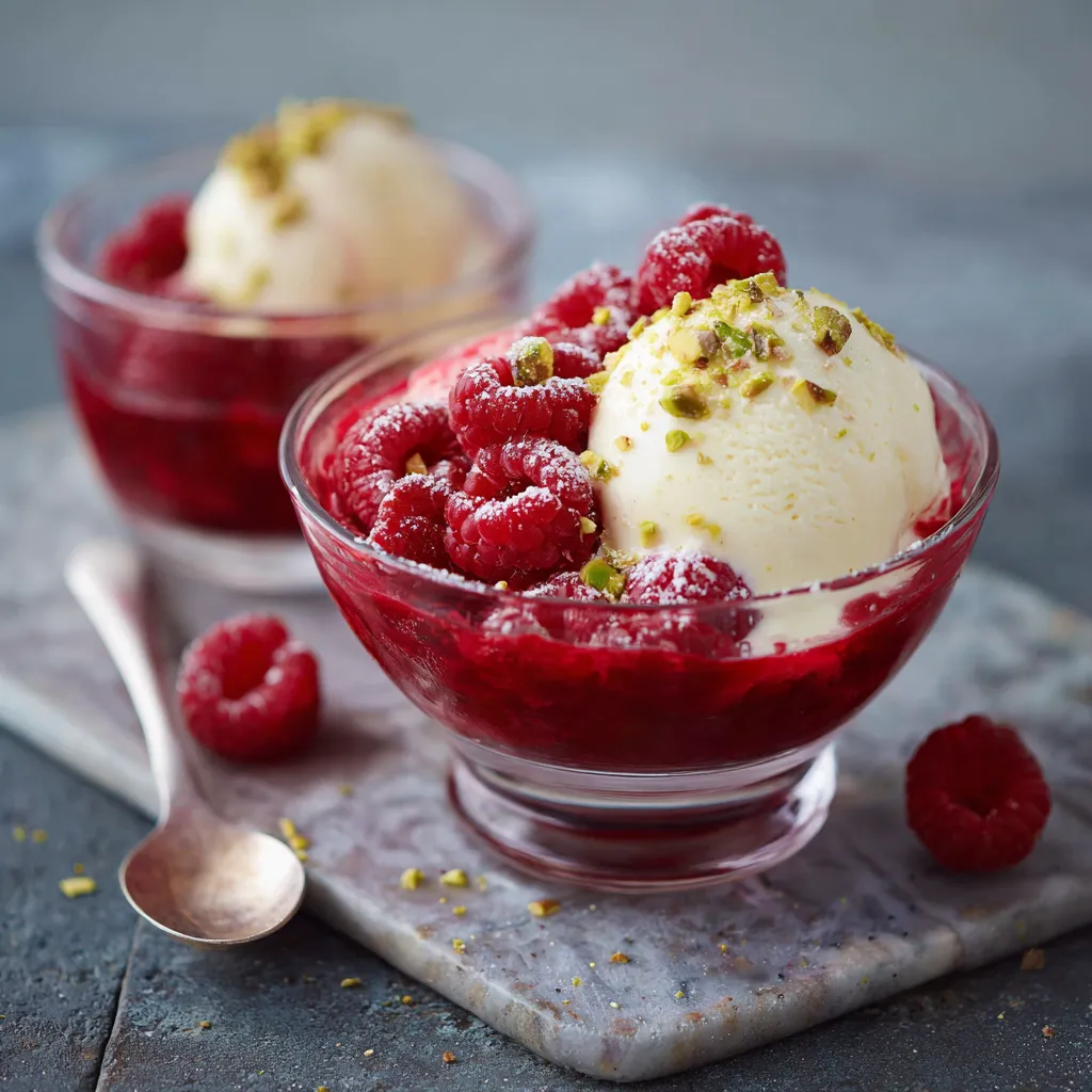 Zwei Gläser mit Raspberry-Sorbet und Nüssen auf einem Tisch.