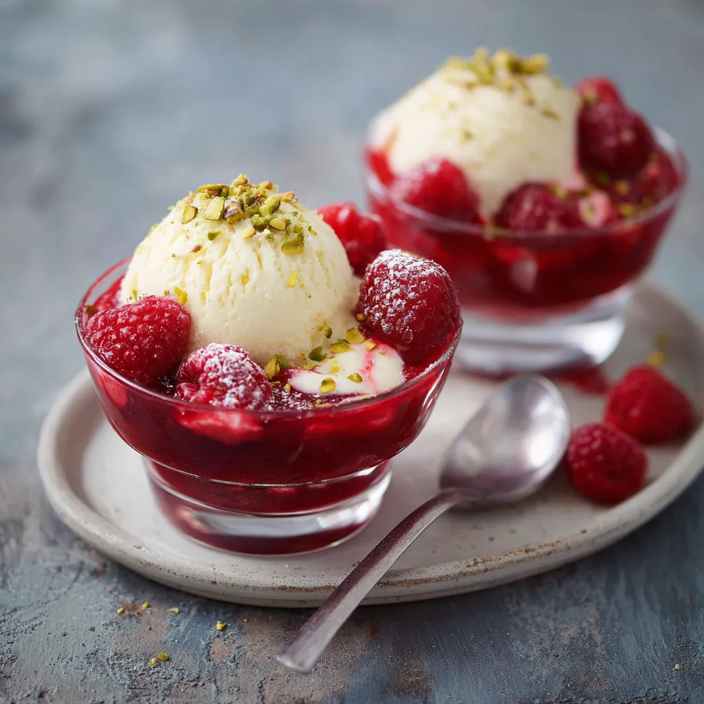 Zwei Gläser mit Raspberry-Sorbet und Nüssen.