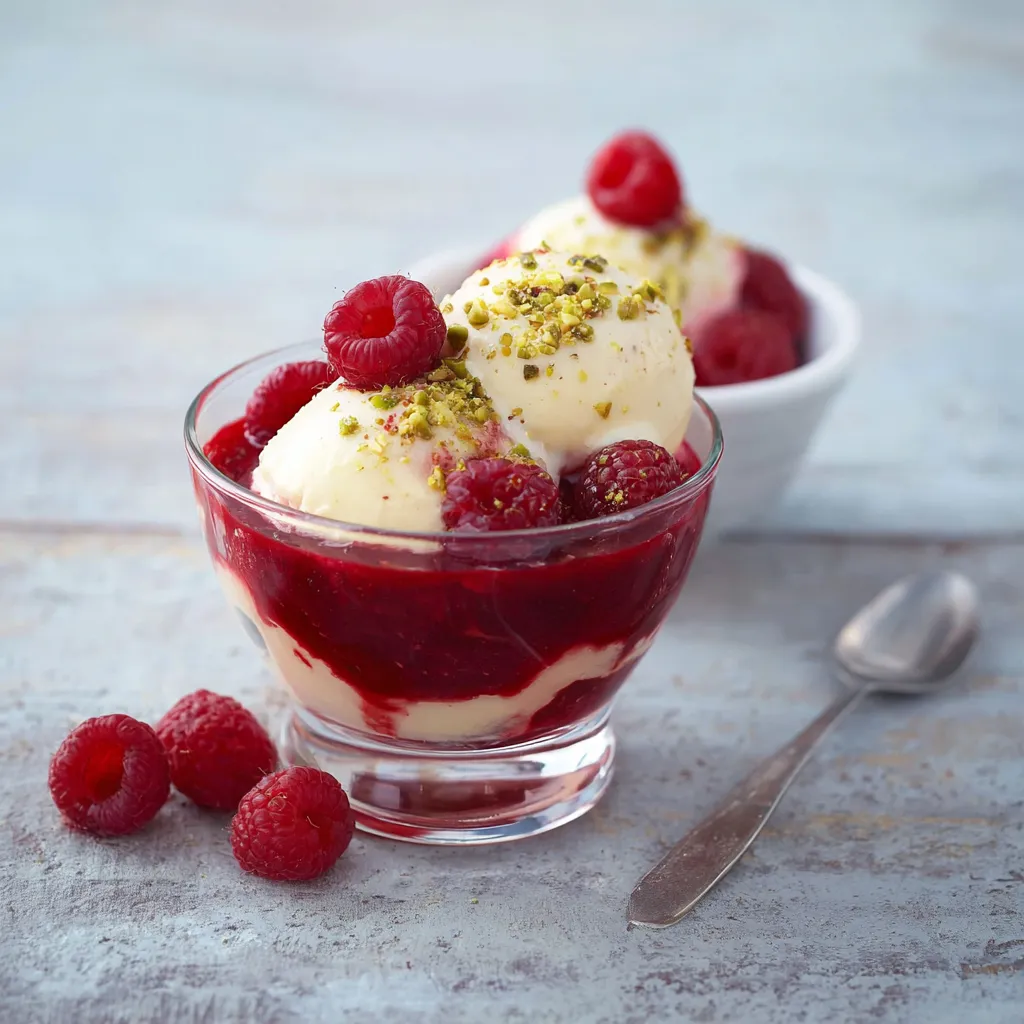 Ein Glas mit Raspberry-Sorbet und Raspberry-Fruchtgarnitur.